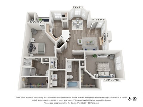 Floor plan for 2 beds, 2 baths, 1262 sqft